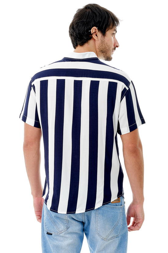 Camisa Social Manga Curta Branca Listras Marinho