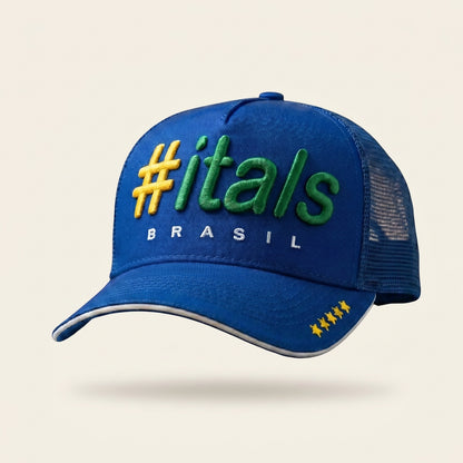 Boné Trucker #itals Vintage Brasil Azul - bordado 3D verde e amarelo