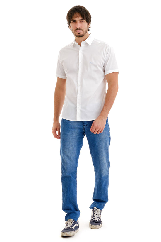 Camisa Social Manga Curta Branca Logo Azul