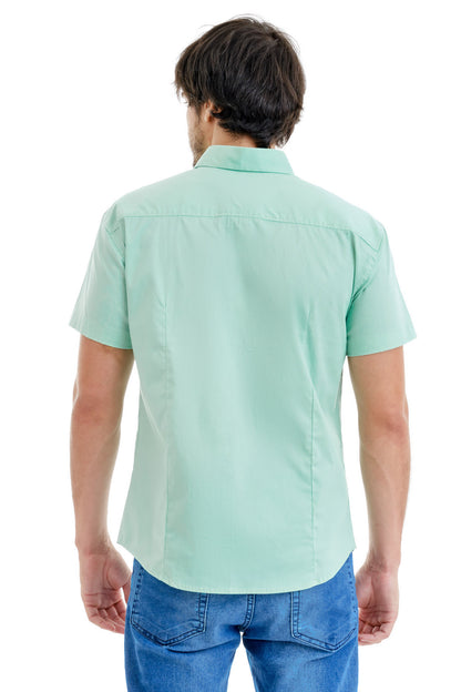 Camisa Social Manga Curta Verde Agua Logo Cinza