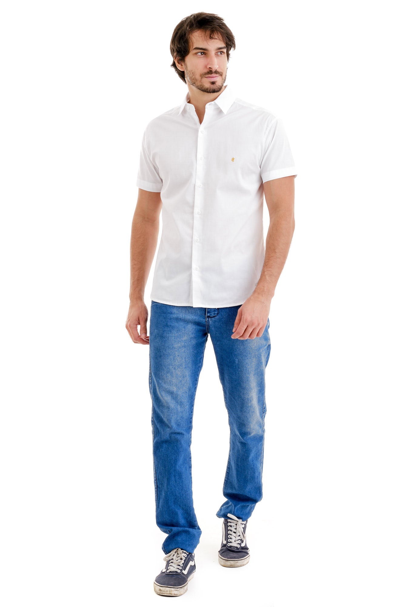 Camisa Social Manga Curta Branca Brasão Amarelo