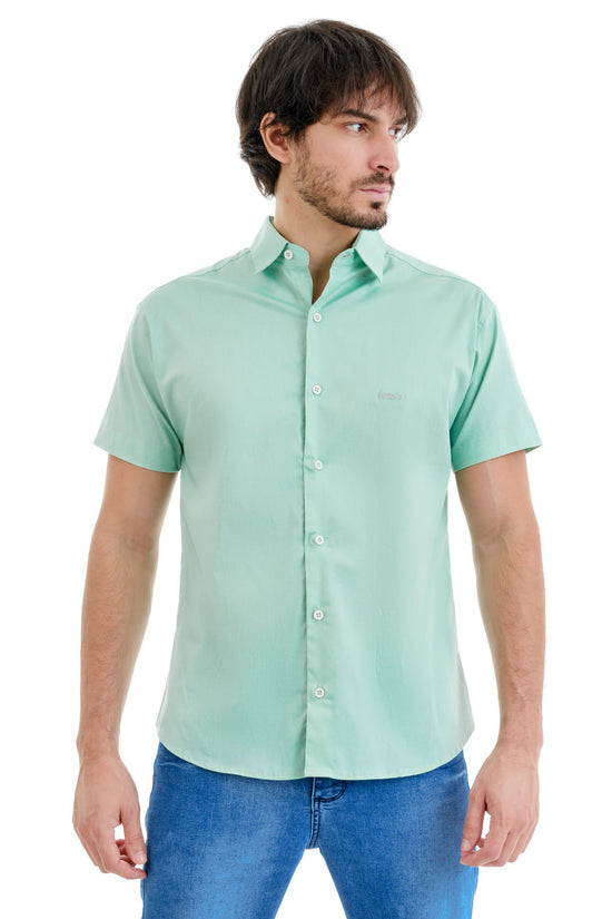 Camisa Social Manga Curta Verde Agua Logo Cinza