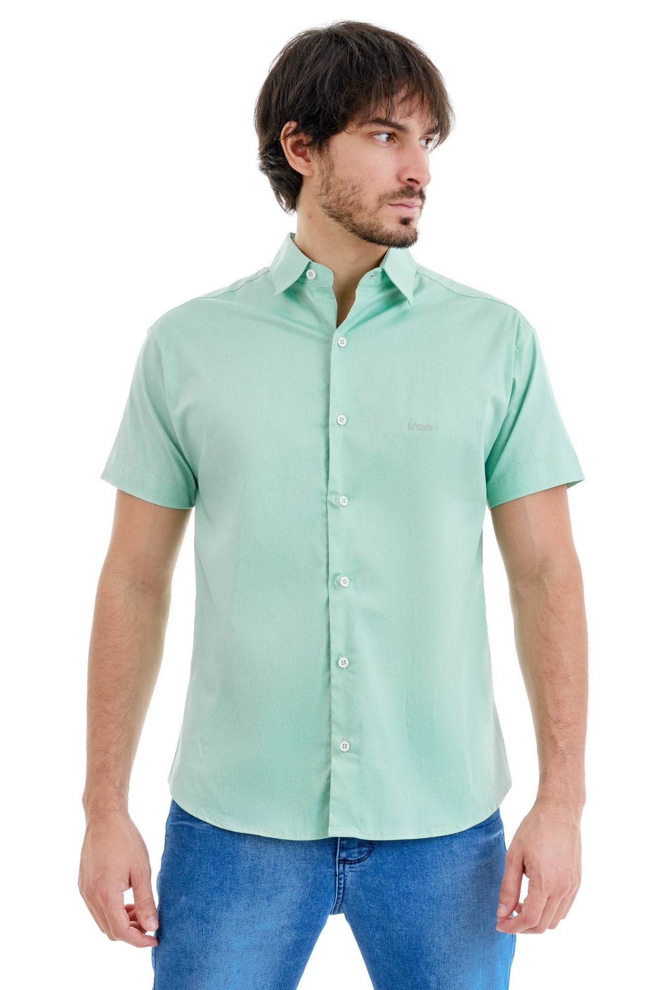 Camisa Social Manga Curta Verde Agua Logo Cinza