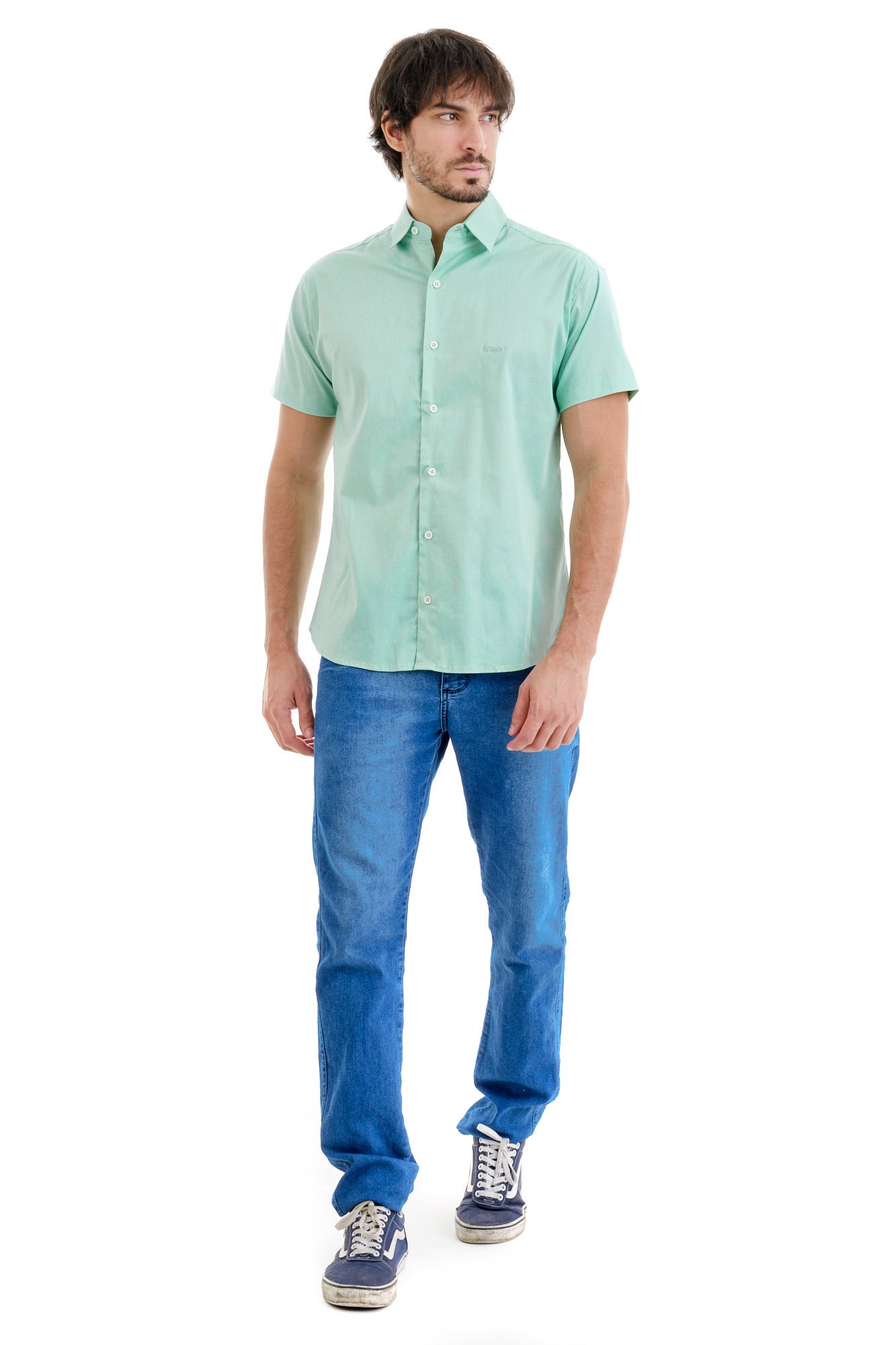 Camisa Social Manga Curta Verde Agua Logo Cinza