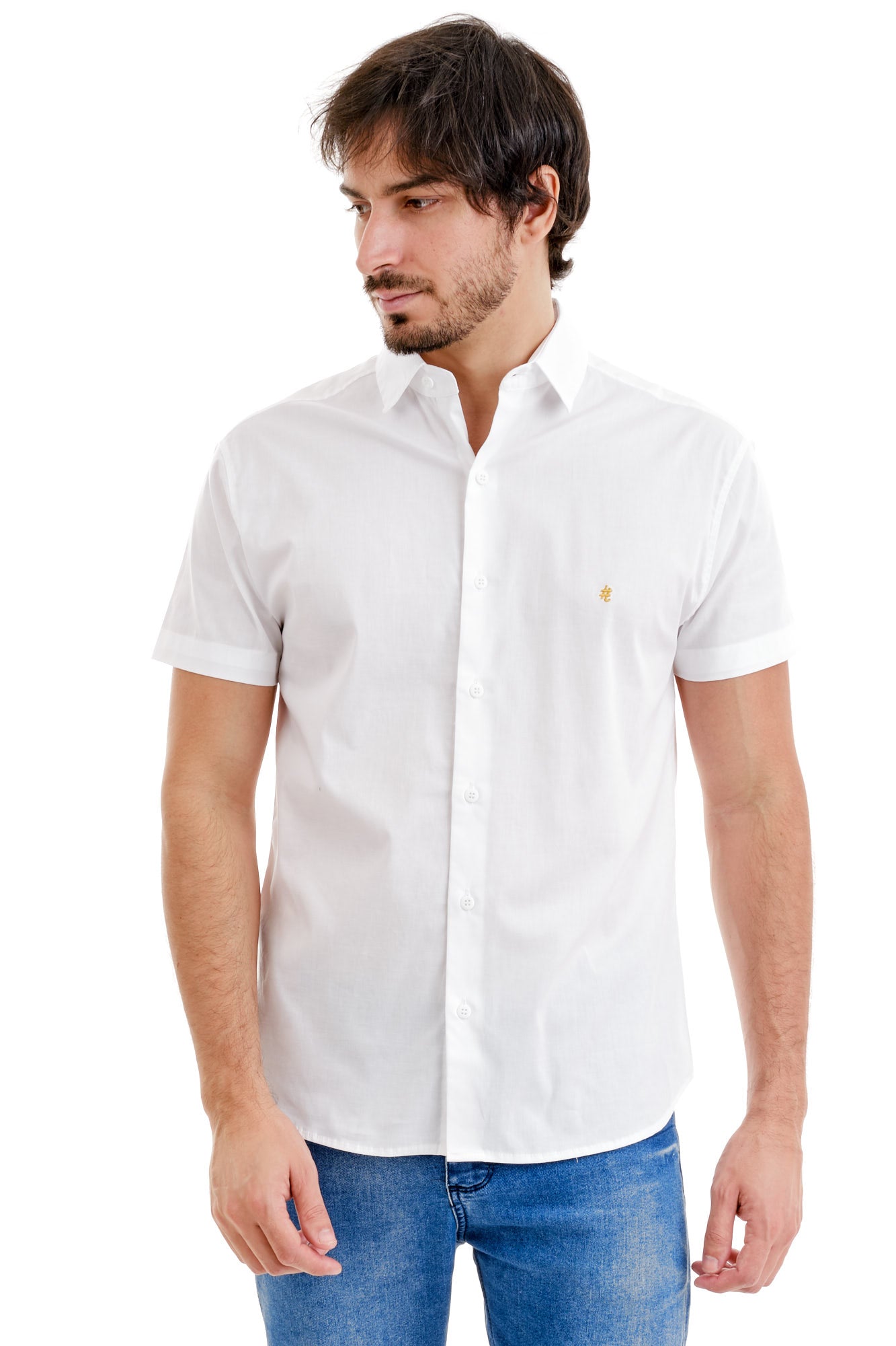 Camisa Social Manga Curta Branca Brasão Amarelo