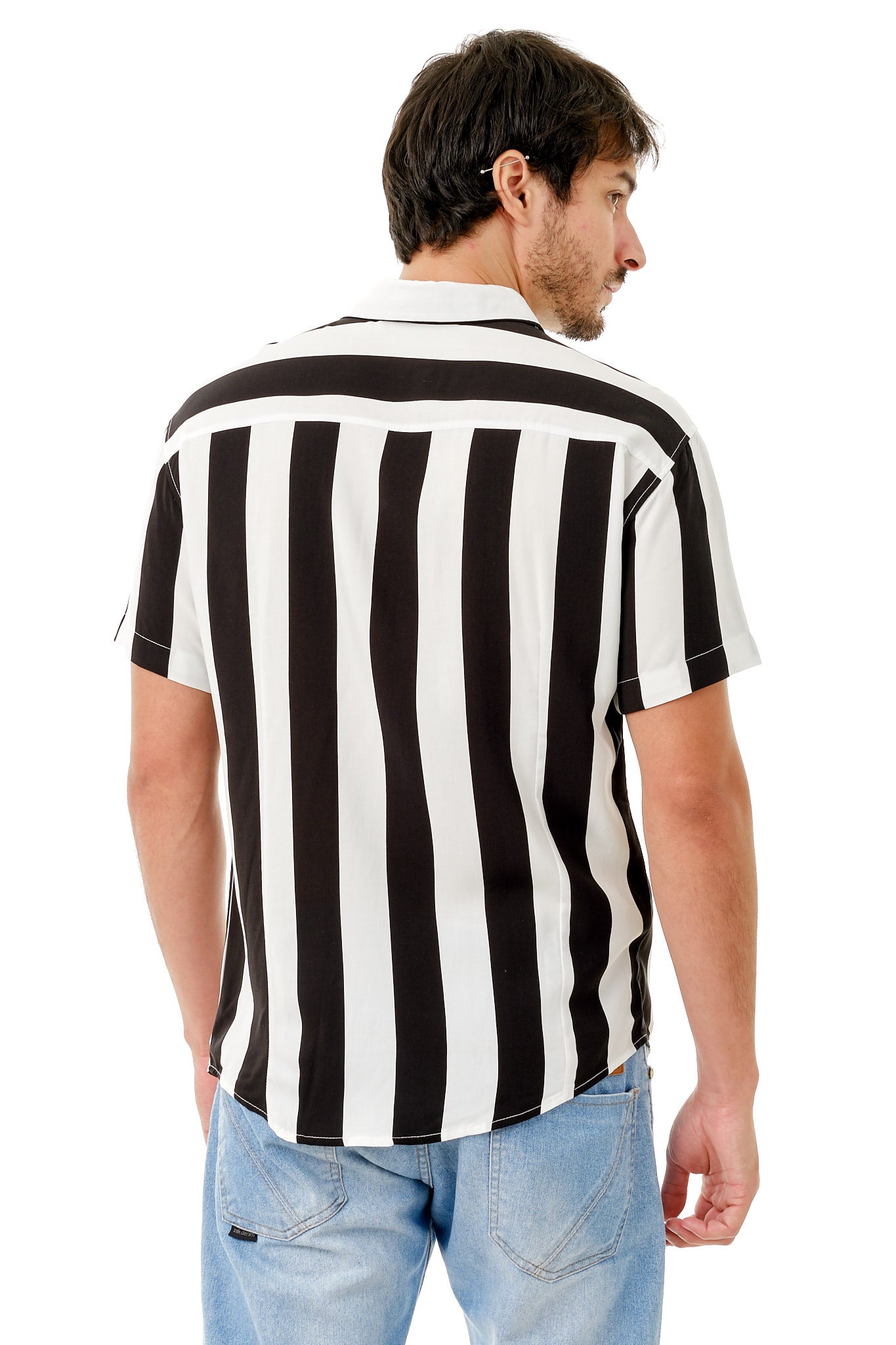 Camisa Social Manga Curta Branca Listras Preto