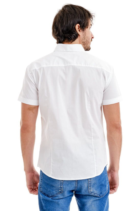 Camisa Social Manga Curta Branca Logo Azul