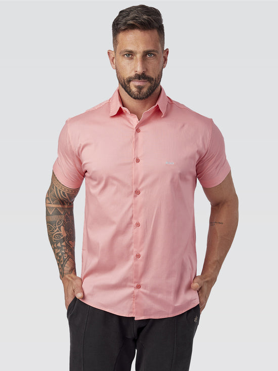 Camisa Social Manga Curta Salmão Logo Cinza