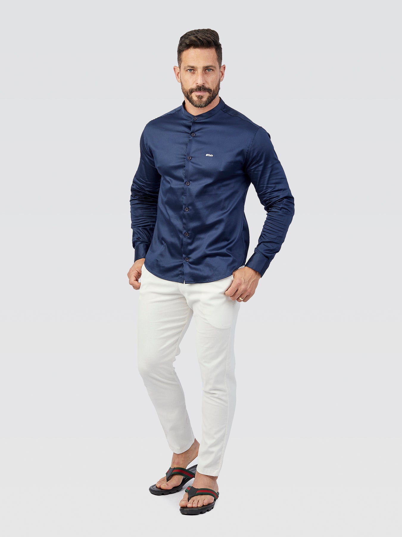 Camisa Social Gola Padre Acetinada Marinho